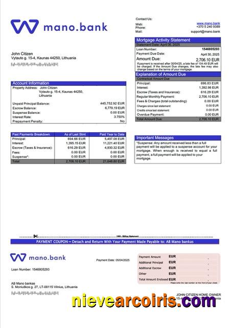 Lithuania AB Mano bankas mortgage statement Word and PDF template